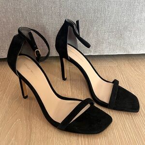 Stuart Weitzman Black Suede Nudist Curve Square Heels